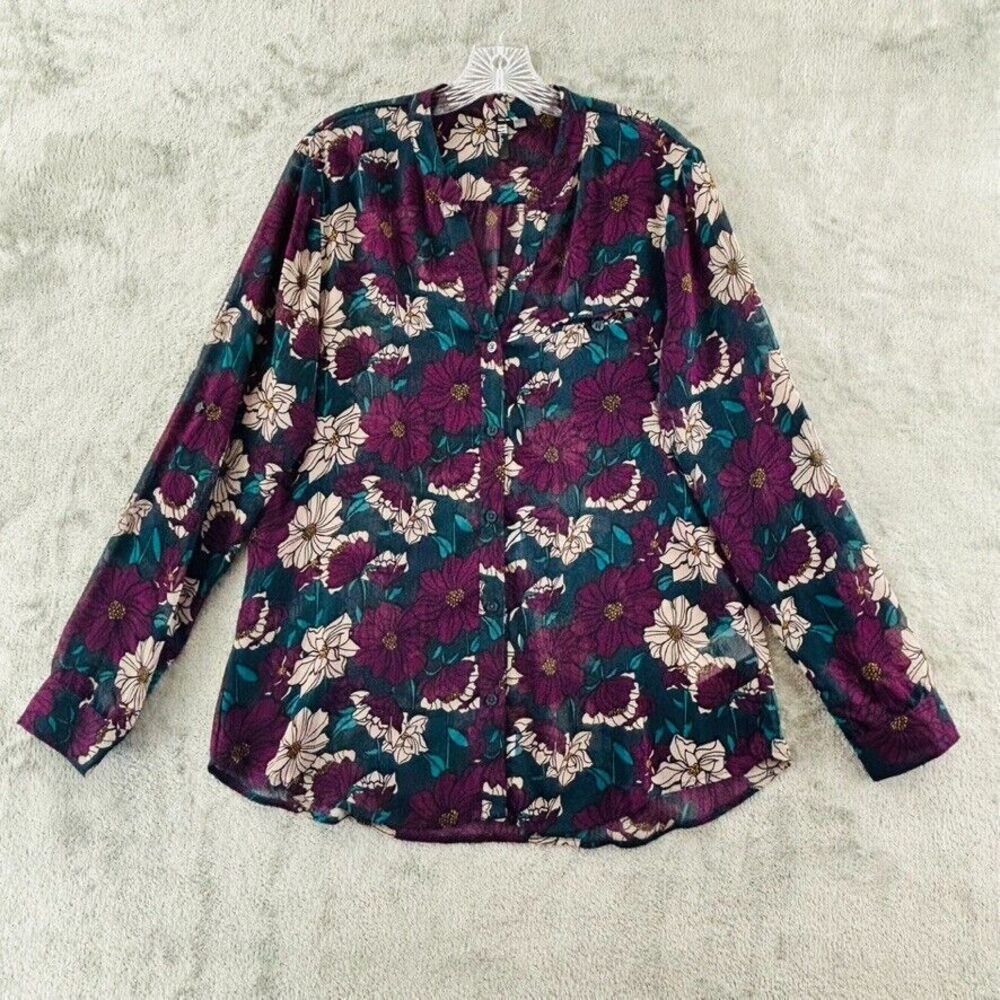 Kut From the Kloth Sheer Floral Blouse Womens L‎ Purple Blue Roll Tab Sleeves